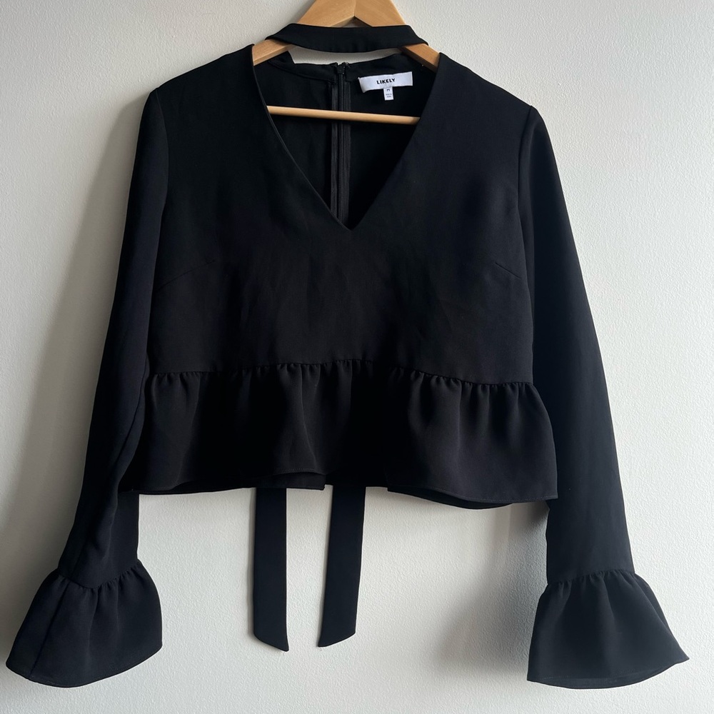 LIKELY Whimsigoth Black Top | Witchy Bell Sleeve | Collar Tie Neck Oversized M